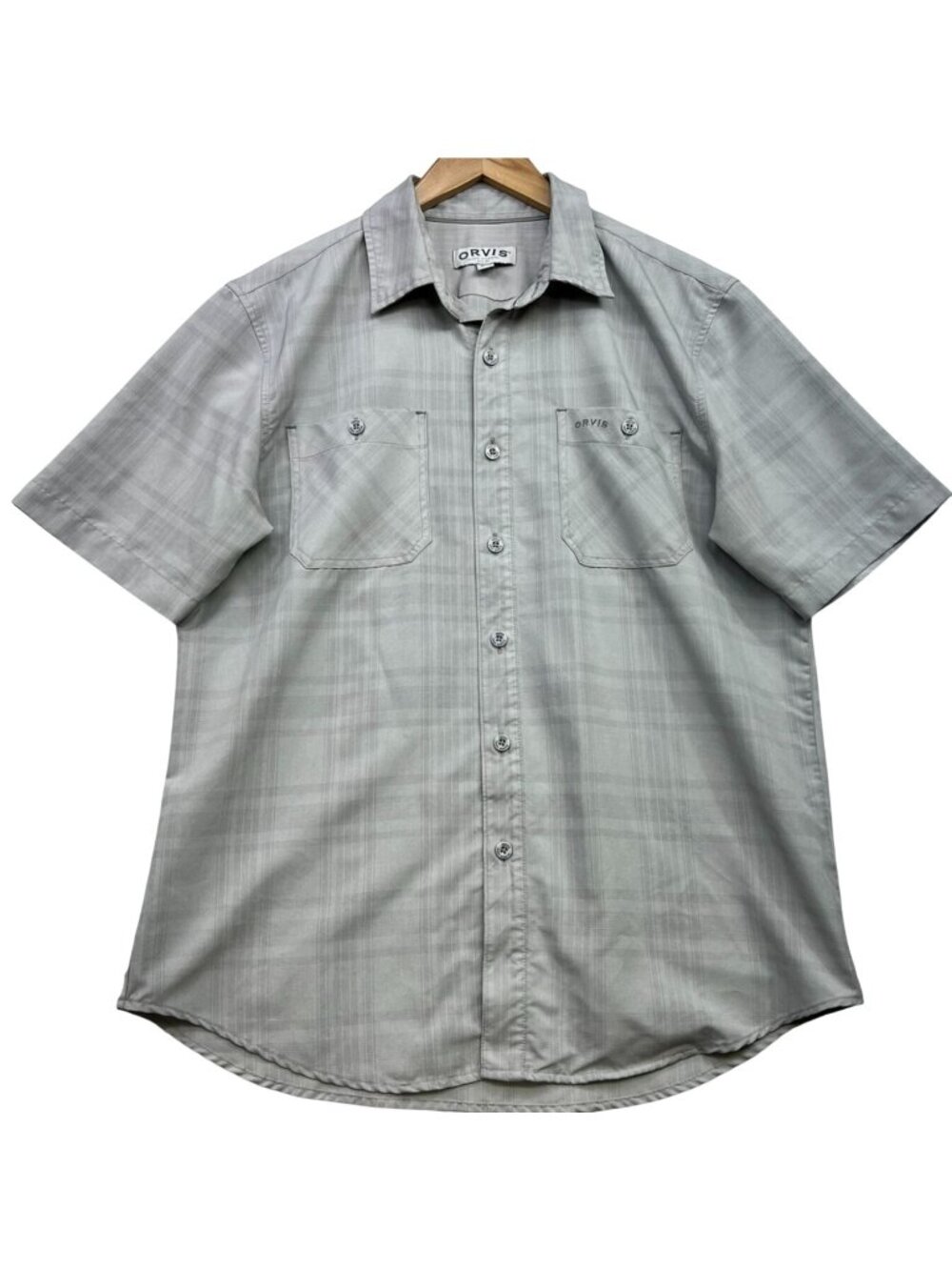 Orvis Mens Hiking Button Down Shirt Short-Sleeve Size M Gray Plaid Chest Pockets